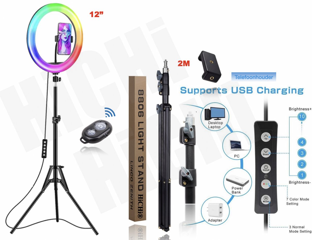 HiCHiCO® Ringlamp RGB MJ33 12inch - Verstelbaar statief 210cm & afstandsbediening - Ring Light - Selfie Ringlight voor Telefoon - Statief – Studiolamp