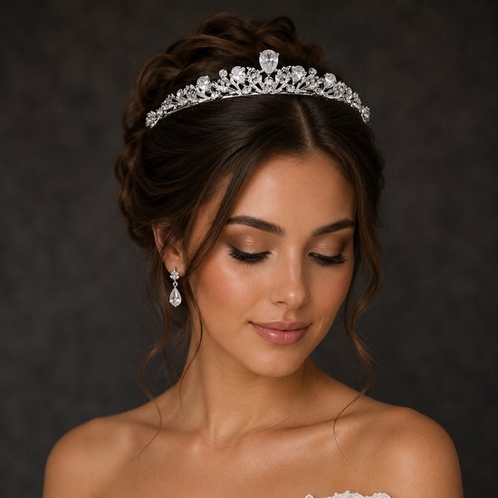 Bruid Tiara Insteekmodel Zilver met Bergkristallen – Elegante Haar Kroon voor Bruiloft