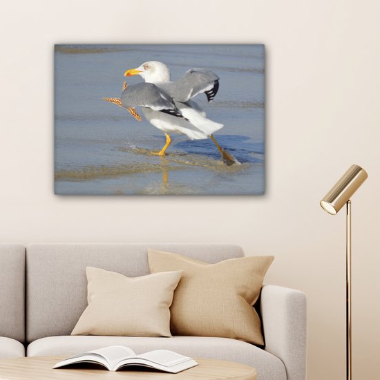 Une image d'un goéland argenté attrapant une étoile de mer Toile 80x60 cm - Tirage photo sur toile (Décoration murale salon / chambre)