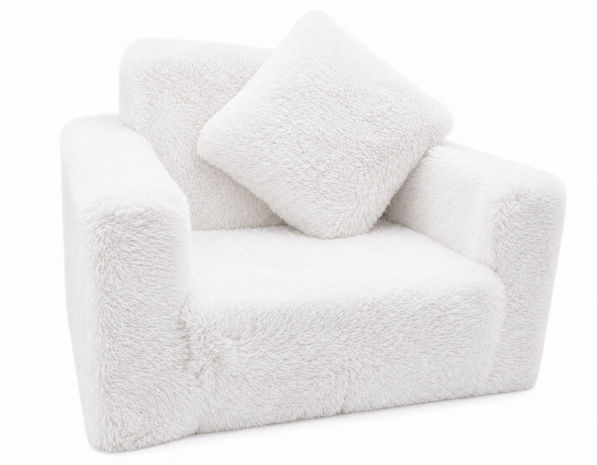 Kindvriendelijke opvouwbare pluchen kinderstoel met zitting en ligfunctie – comfortabel kids relaxfauteuil, witte pluche