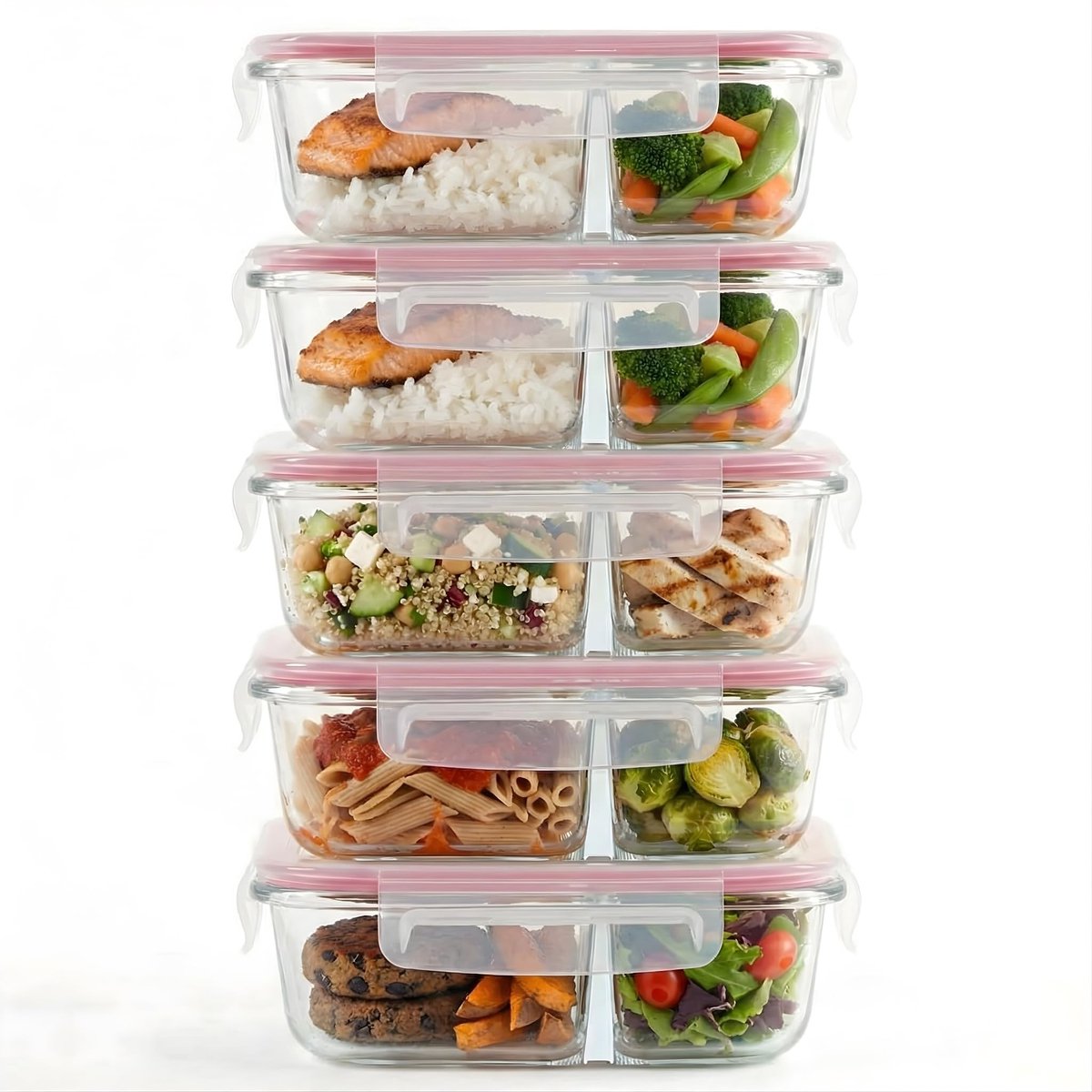 Dailygoods - Glazen Maaltijd Prep Containers met 2 Compartimenten en Deksels (5 Pak)