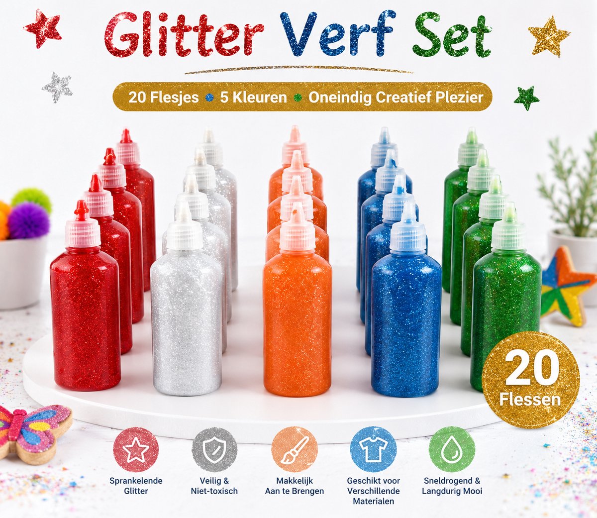 Glitterverf voor Kinderen 20x – 5 Kleuren – 25ml – Knutselverf Hobbyverf
