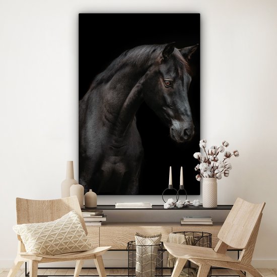 Canvas schilderij 120x180 cm - Wanddecoratie Paard - Dier - Zwart - Muurdecoratie woonkamer - Slaapkamer decoratie - Kamer accessoires - Schilderijen op canvas