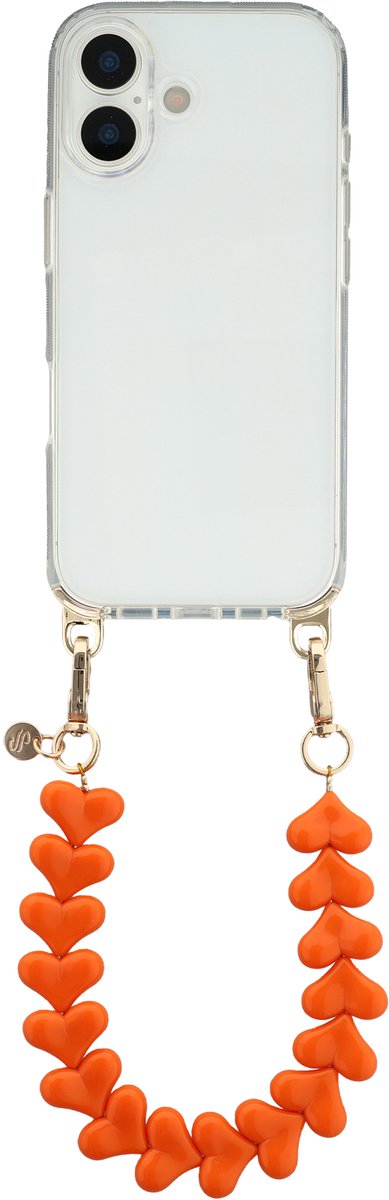 Selencia Transparant Hoesje met Haakjes inclusief Hartjes Polskoord - Geschikt voor Apple iPhone 17 - Oranje