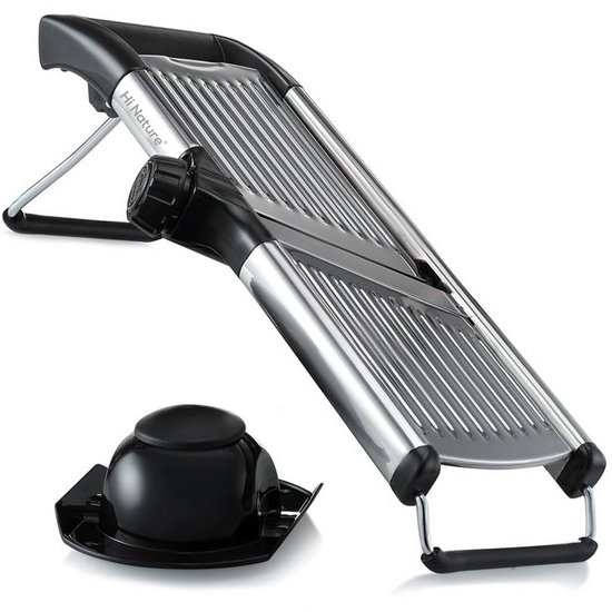 Hi Nature mandoline met RVS snijvlak en zwarte houder voor voedsel.