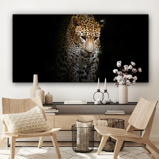 Canvas schilderij 160x80 cm - Wanddecoratie Luipaard - Reflectie - Zwart - Muurdecoratie woonkamer - Slaapkamer decoratie - Kamer accessoires - Schilderijen op canvas