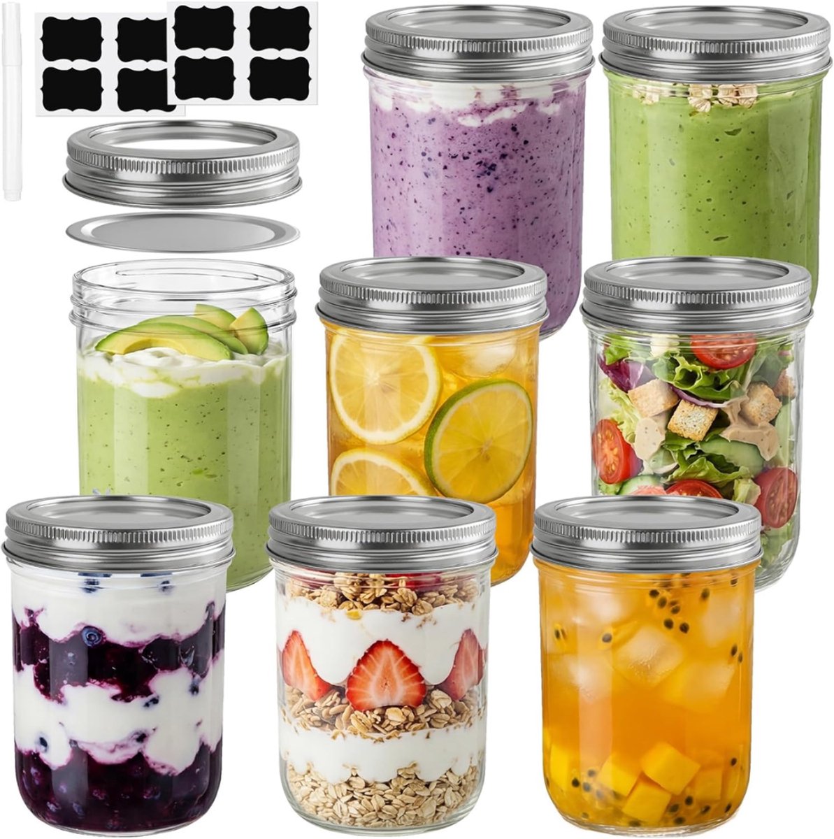 SNJY® Overnight Oats Potjes - Glazen Potjes met Deksel - Mason Jar - Weckpot - 8-Pack 450ml - Transparant
