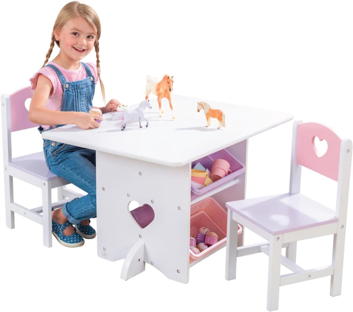 TIM® Kindertafel Met Opbergruimte - Kindertafel met Stoeltjes – Activiteitentafel - Kinderbureau – Kindertafelset Met 2 Stoelen En Handige Opbergvakken - Hout - Wit met pasteltinten - 31cm x 23cm x 20cm