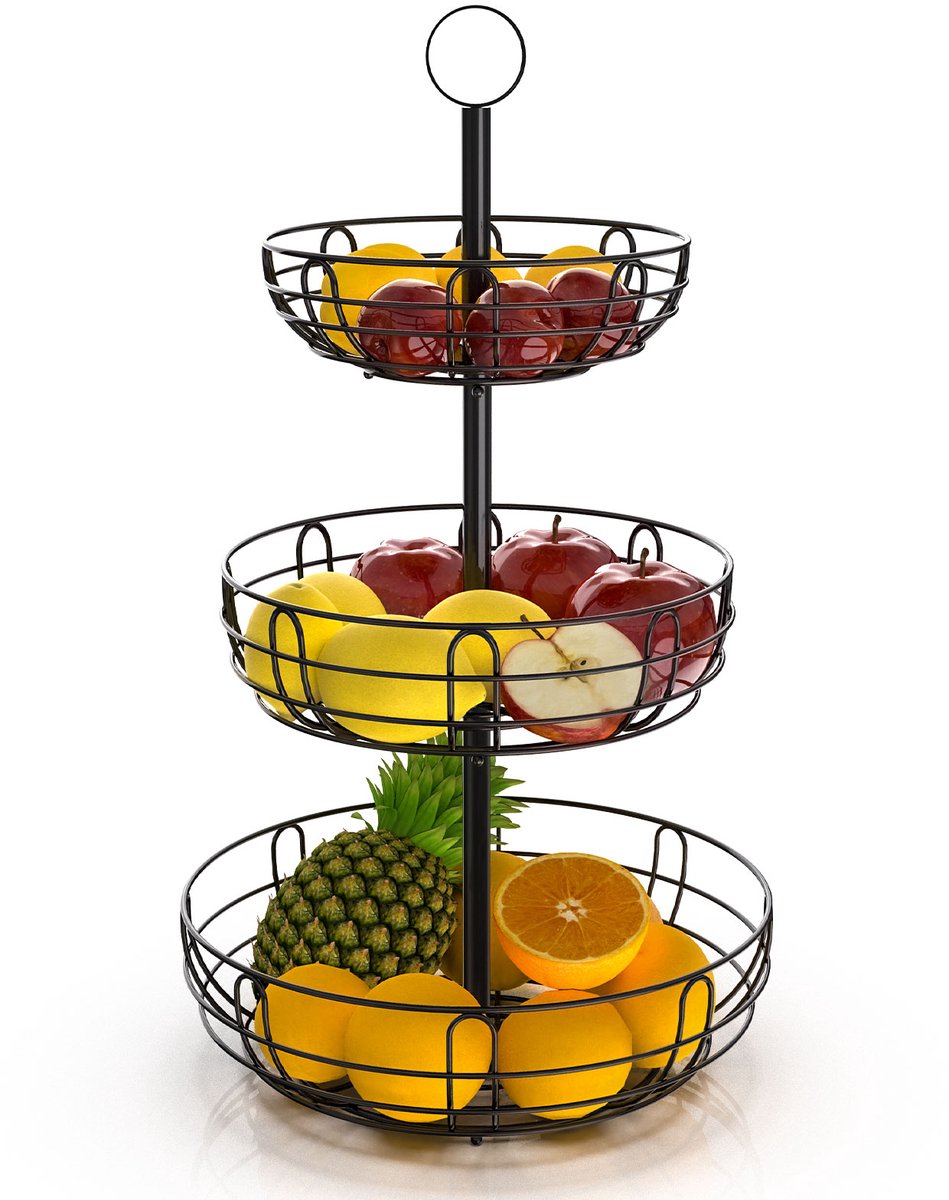 Fruitmandrek Met Drie Etages En Handvat; Opbergrek Voor Fruit, Groenten En Diverse Andere Artikelen Voor Op Het Aanrecht.