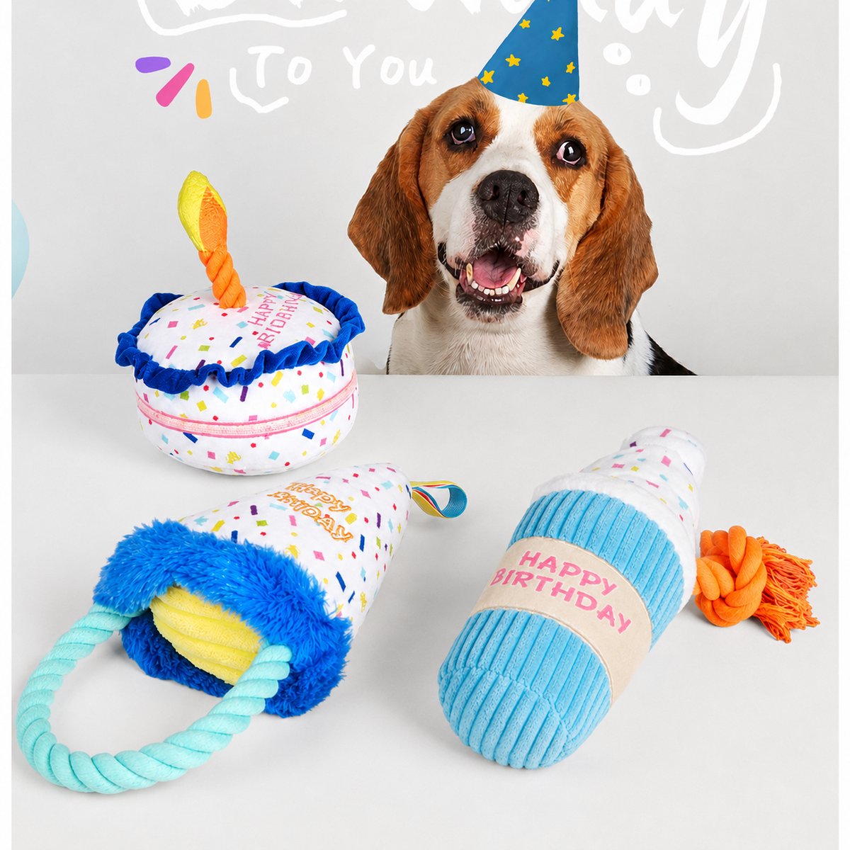 FOFOS™ Verjaardagsspeelgoed voor Honden – 3 Hondenspeeltjes met Gift Bag – Voor Honden Verjaardag & Cadeau (Dogs Birthday Party Set of 3 Toys - Cake Hat Drink)