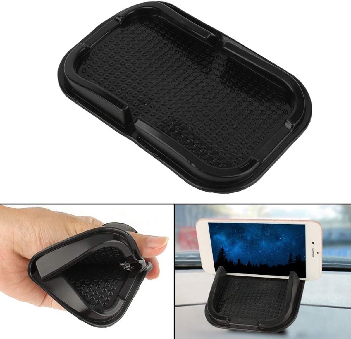 Antislipmat – 1 stuk – Dashboardmat – Auto-accessoires – Houdt mobiele telefoons op hun plek – Voorkomt wegglijden op het dashboard – Herbruikbaar – Wasbaar – Opbergmat – Zwart