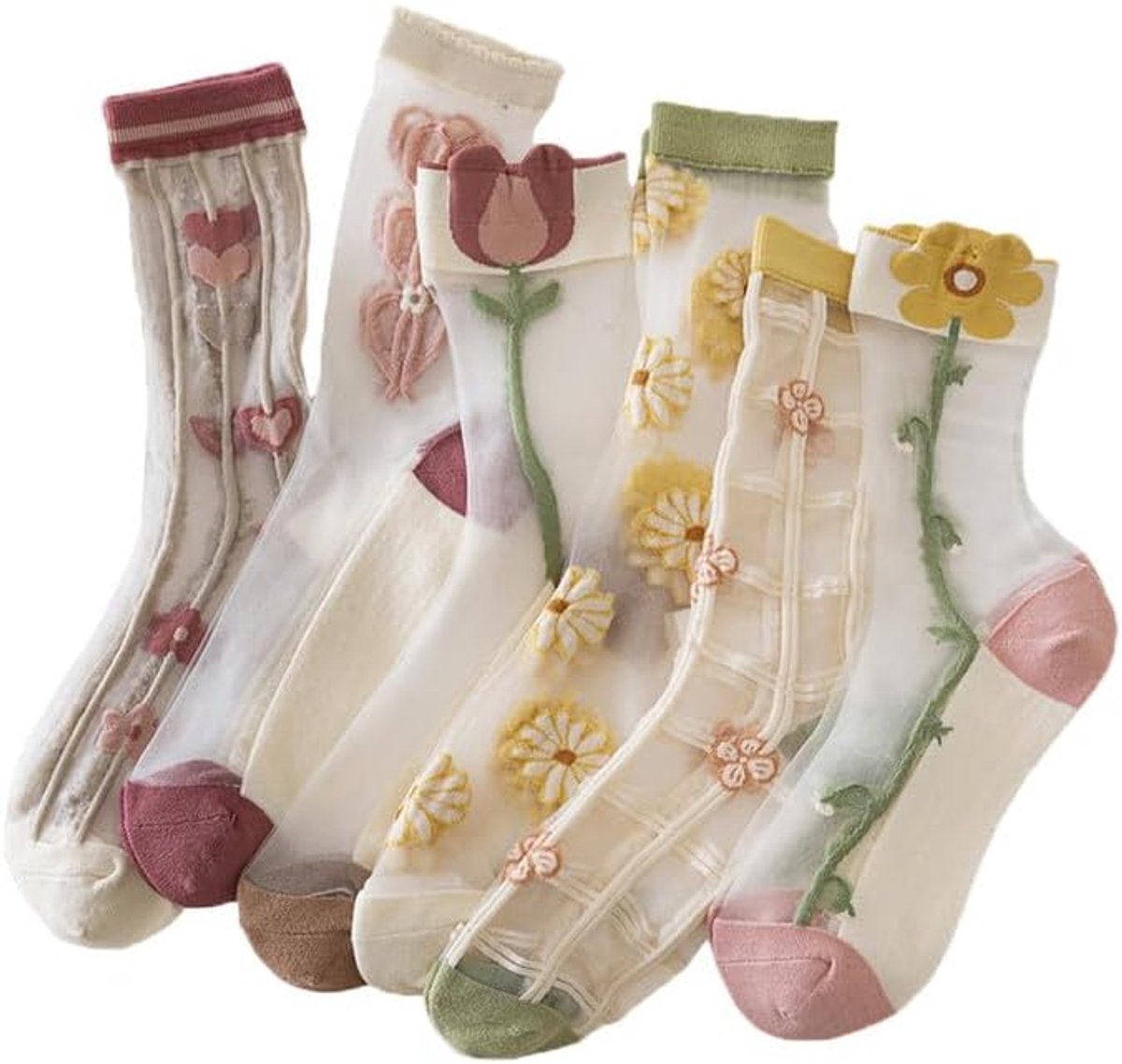 6 Stuks Dames Transparante Sokken Mesh Kant Met Bloemenborduurwerk Dunne Zomer Jacquard Kristal Glaszijde Sokken Elastisch Comfortabel Geschikt Voor Schoenmaat 35-40 Voor Dames En Meisjes Cyslmuk® 6 Paar