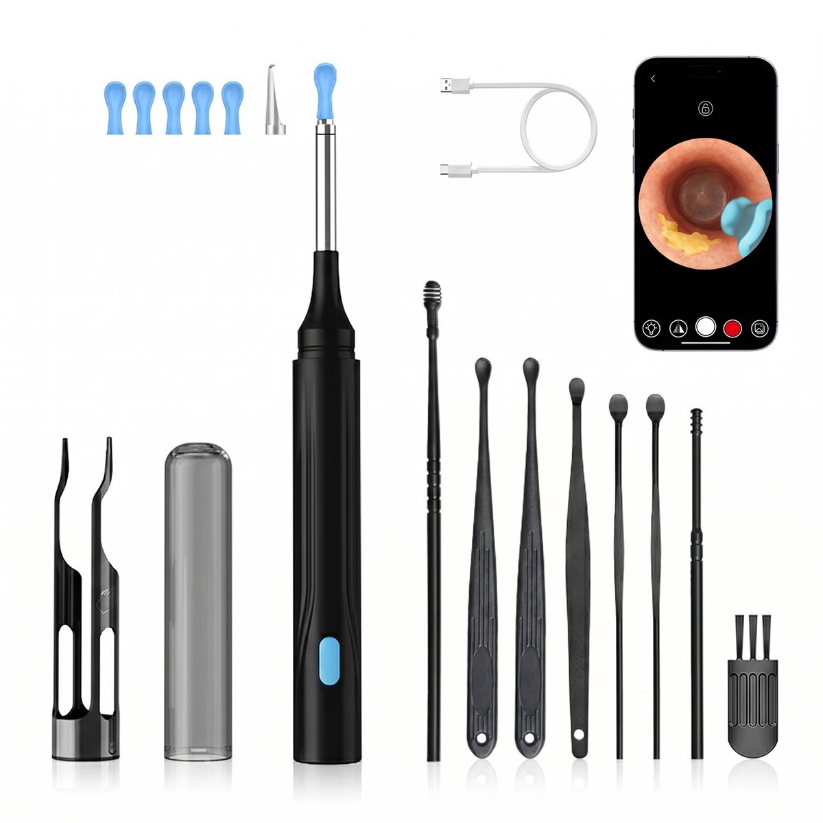 Sogiol® Oorsmeer Verwijderaar met Camera - Oorreiniger - Ear Cleaner - Oor Schoonmaken - Earscratcher - Oorlepel - Ultra HD Camera- Lange batterij - oor camera - oor cleaner - Inclusief reinigingsset - zwart