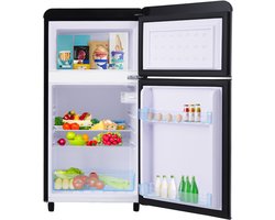 Retro Koelkast - Mini Koelkast - Koel-vriescombinatie-Dubbeldeurs Koelkast – 72L – 39dB – LED - Twee Deuren - Kantoor - 46x45x91cm- Vriezen-Zwart