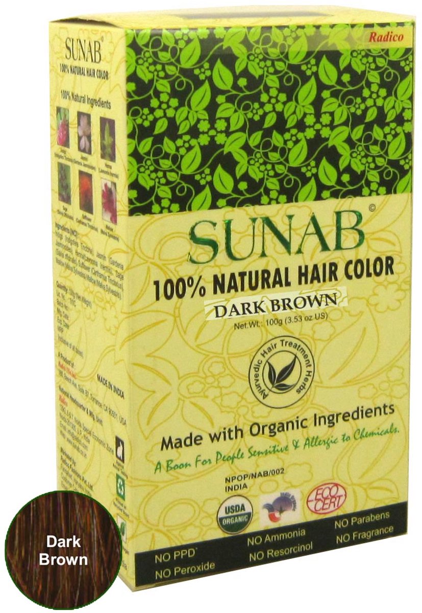Radico 100% NATURAL SUNAB Dark Brown / Donker Bruin 100% Natuurlijke BIO Organic 9-Kruiden Haarverf Zonder Ammoniak. Ammonia. PPD. PTD. Peroxide. Waterstofperoxide etc. o.a.Henna. met o.a. ECOCERT  100g