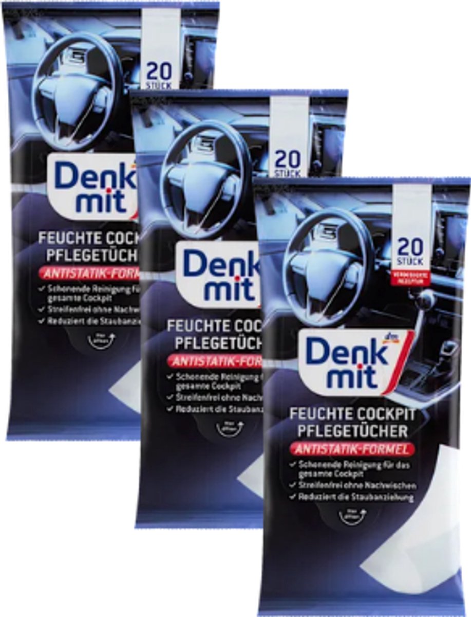 Denkmit Vochtige Reinigingsdoekjes - Cockpit | 3 pakken - 3x20 doekjes - Anti-statisch | Autoreiniging - Vochtige Doekjes
