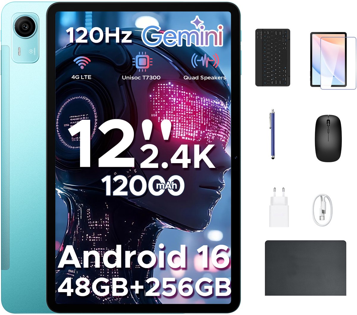 Aorlym P12 Pro - Tablet - 48GB RAM (12+36GB) + 256 GB ROM (2 TB/TF) - 12 Inch 2K 120Hz IPS - Android 16 - 12000mAh/18W - 4G LTE - Wi-Fi 5 - Bluetooth 5.0 - T7300 - Quad Speakers - Volledige accessoirebundel met toetsenbord en stylus