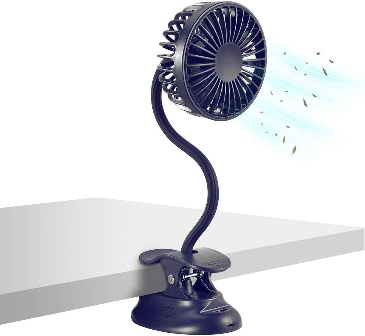 Ulisem - Klemventilator - USB oplaadbaar en batterij - Flexibele slang 360° - 3 snelheden - Stille motor - Met powerbankfunctie - Geschikt voor kinderwagen en auto - Blauw