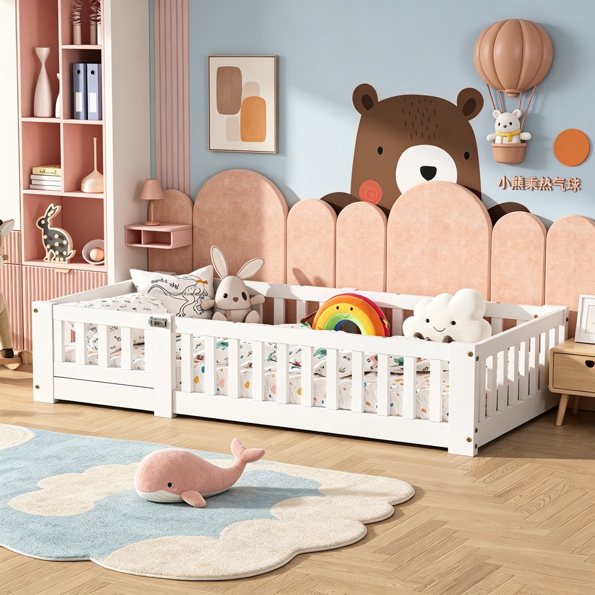 MEXUS Peuterbed 90x190cm – Vloerbed met veiligheidshekjes – Met deur – Massief grenenhout – Geschikt voor kinderen vanaf 0 jaar – Wit – Matras niet inbegrepen