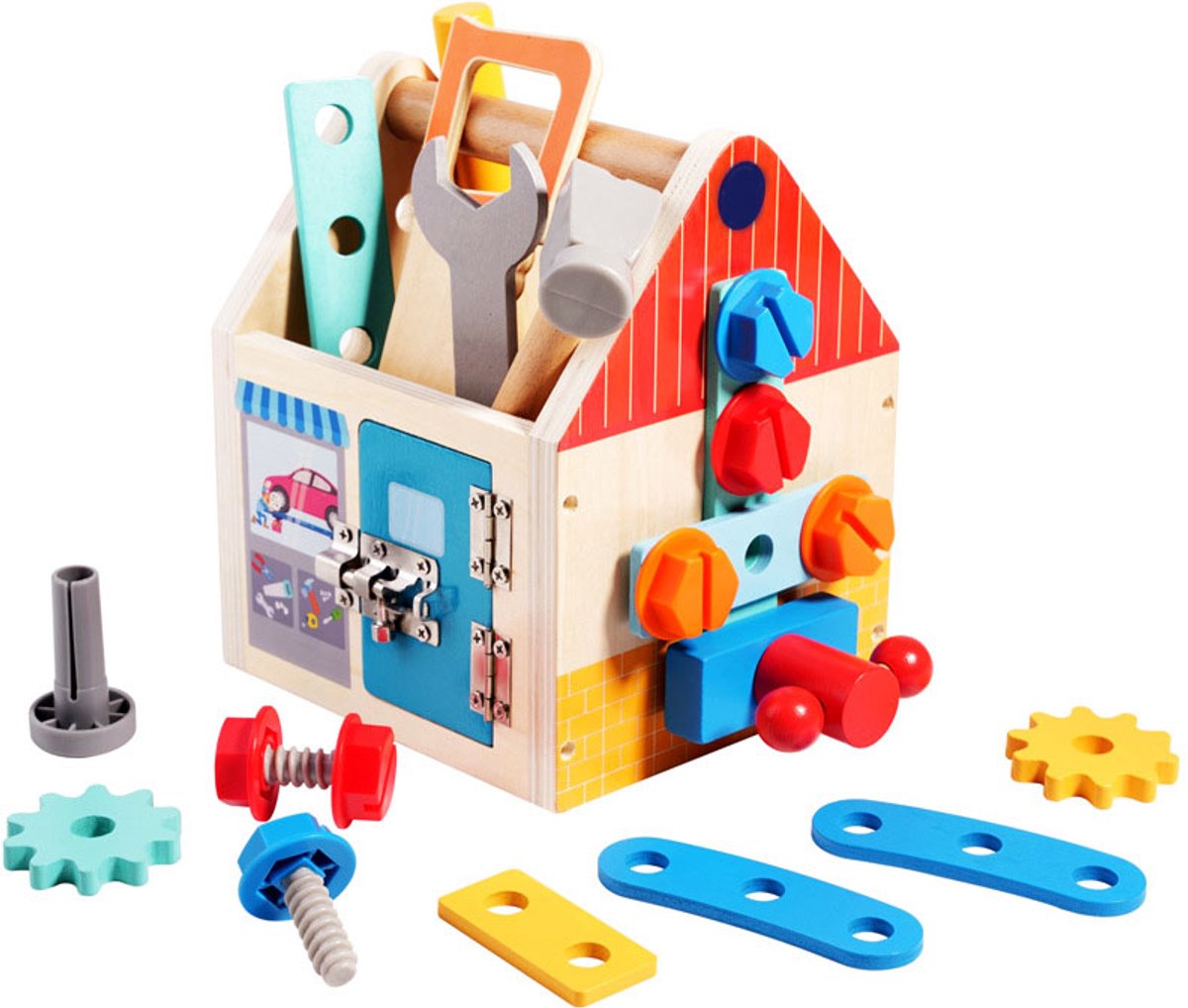 Houten gereedschapskist voor kinderen vanaf 3 jaar - Montessori-gereedschapskist, een leuk cadeau voor jongens en meisjes van 3, 4 en 5 jaar