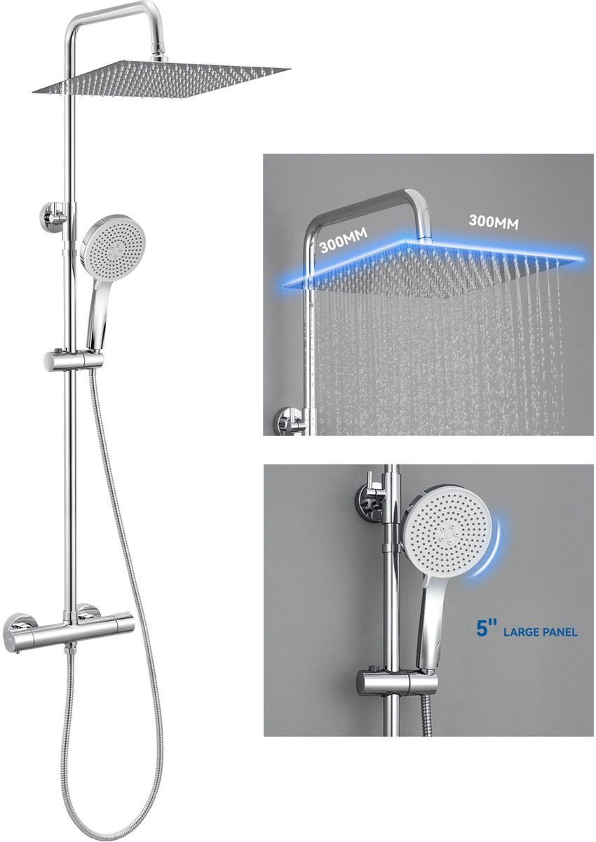 DERW max Regendouche met Thermostaatkraan - Douchesysteem - 12 inch Douchekop - met 5-functie handdouche - Doucheset - Waterbesparend - Chroom