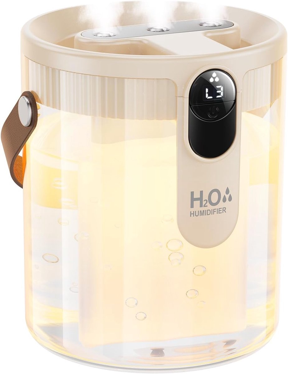 Luchtbevochtiger - 1,5 liter - Koele mist, oplaadbaar, met nachtlampje, 3 temperatuurinstellingen, stille werking, automatische uitschakeling, beige.