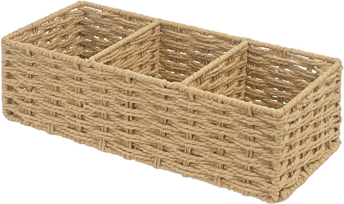 VHV - Badkamer organizer - Opbergmand - Toilet organizer - Handgeweven - 3 vakken - Voor gastendoekjes en toiletrollen - Voor bovenop het toilet - 36*15*10cm - Beige