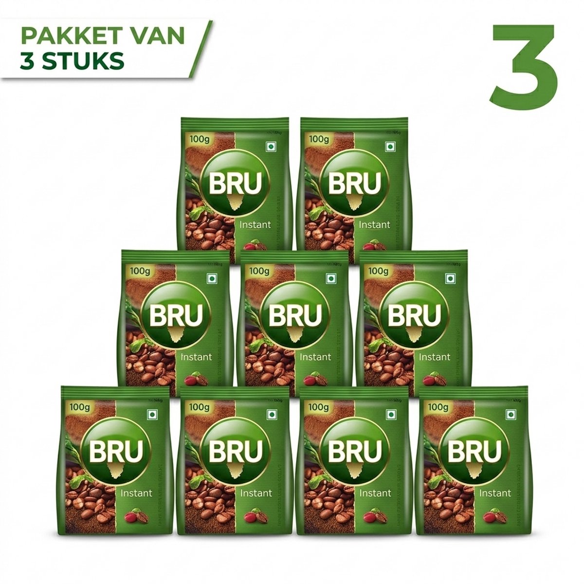 Bru Instant Coffee Multipack 3 Stuks x 100g - Premium India Oploskoffiebonen voor Thuis en Kantoor - Voordeelpak Traditionele Filterkoffie Smaak Snel en Simpel Bereid Lekker Structuur Met Kajal Sticker