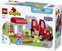 LEGO Duplo Peppa Pig tractor en marktkraam met vrolijke figuren en bouwstenen.