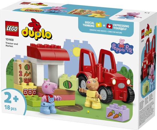 LEGO Duplo Peppa Pig tractor en marktkraam met vrolijke figuren en bouwstenen.