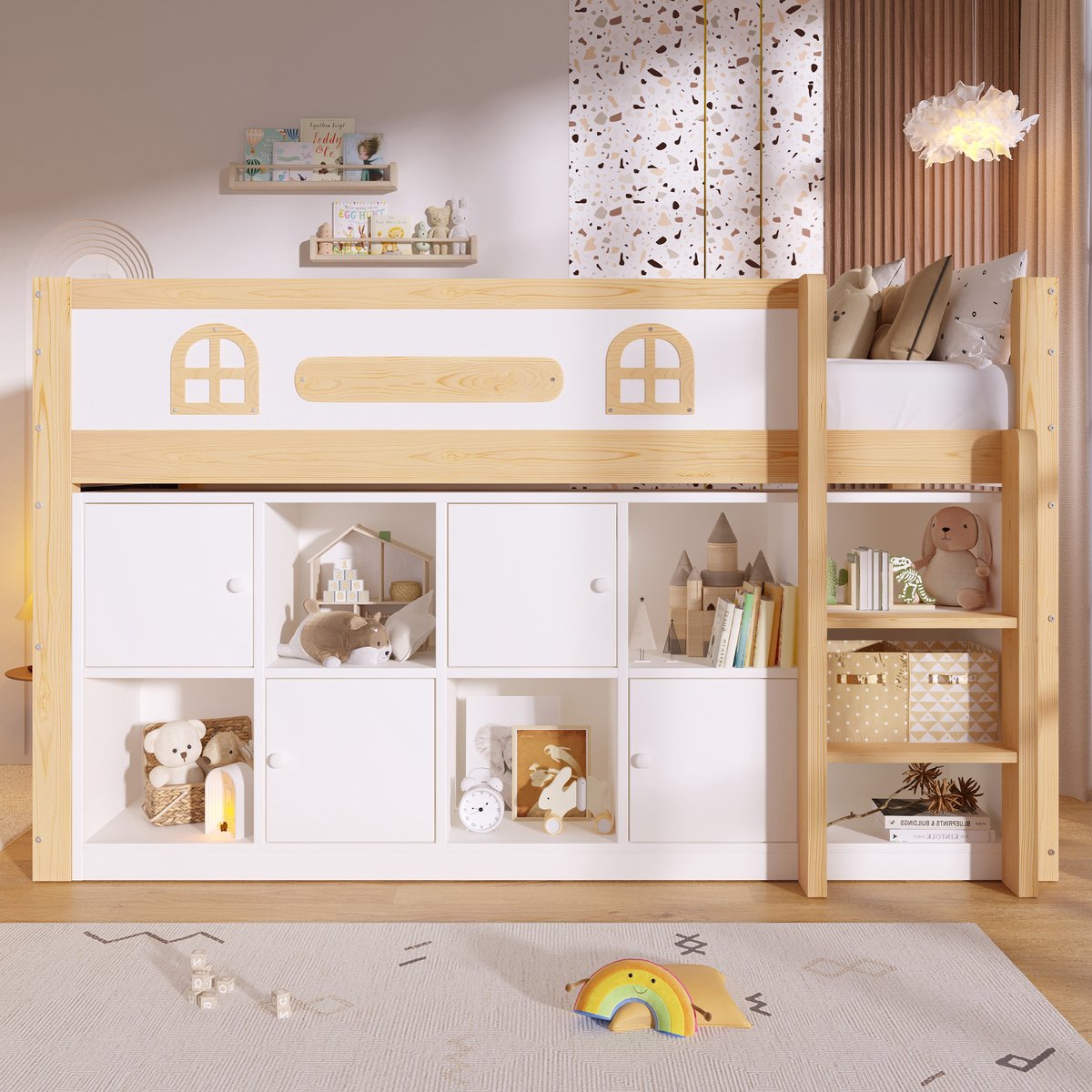 VVBV Kinderbed 90x200 / Hoogslaper 90x200 – Halfhoog Bed met Krijtbord, Opbergvakken en Ladder – Wit/Natuurlijk – Zonder Matras White+Natural