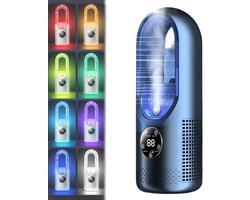 6-standen bladeloze elektrische ventilator met koelfunctie & 7-kleuren LED-verlichting – Draagbare, oplaadbare tafelventilator met stille, krachtige luchtstroom (Blauw)