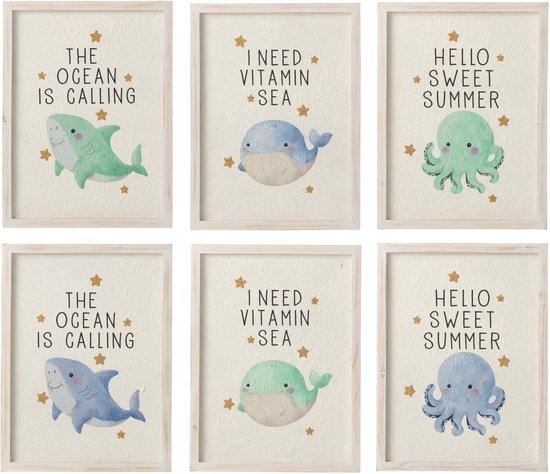 J-Line Décoration Murale Animaux Marins - bois/papier - multicolore - 6 pièces