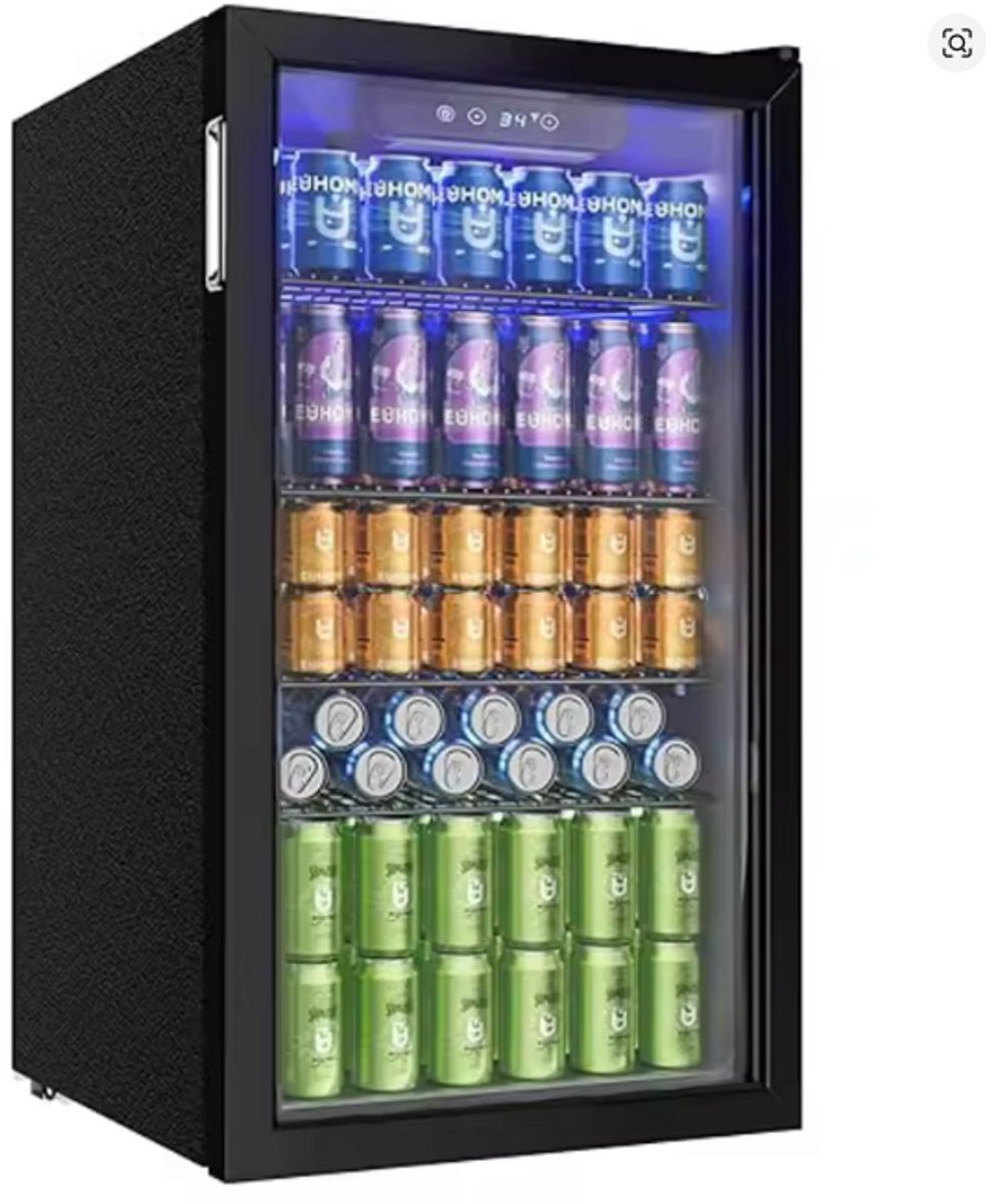 Drankenkoelkast met Glazen Deur – Capaciteit voor 126 Blikjes – Verstelbare Planken – Voor Bier en Wijn – Zwart RVS – Voor Thuis, Bar en Kantoor