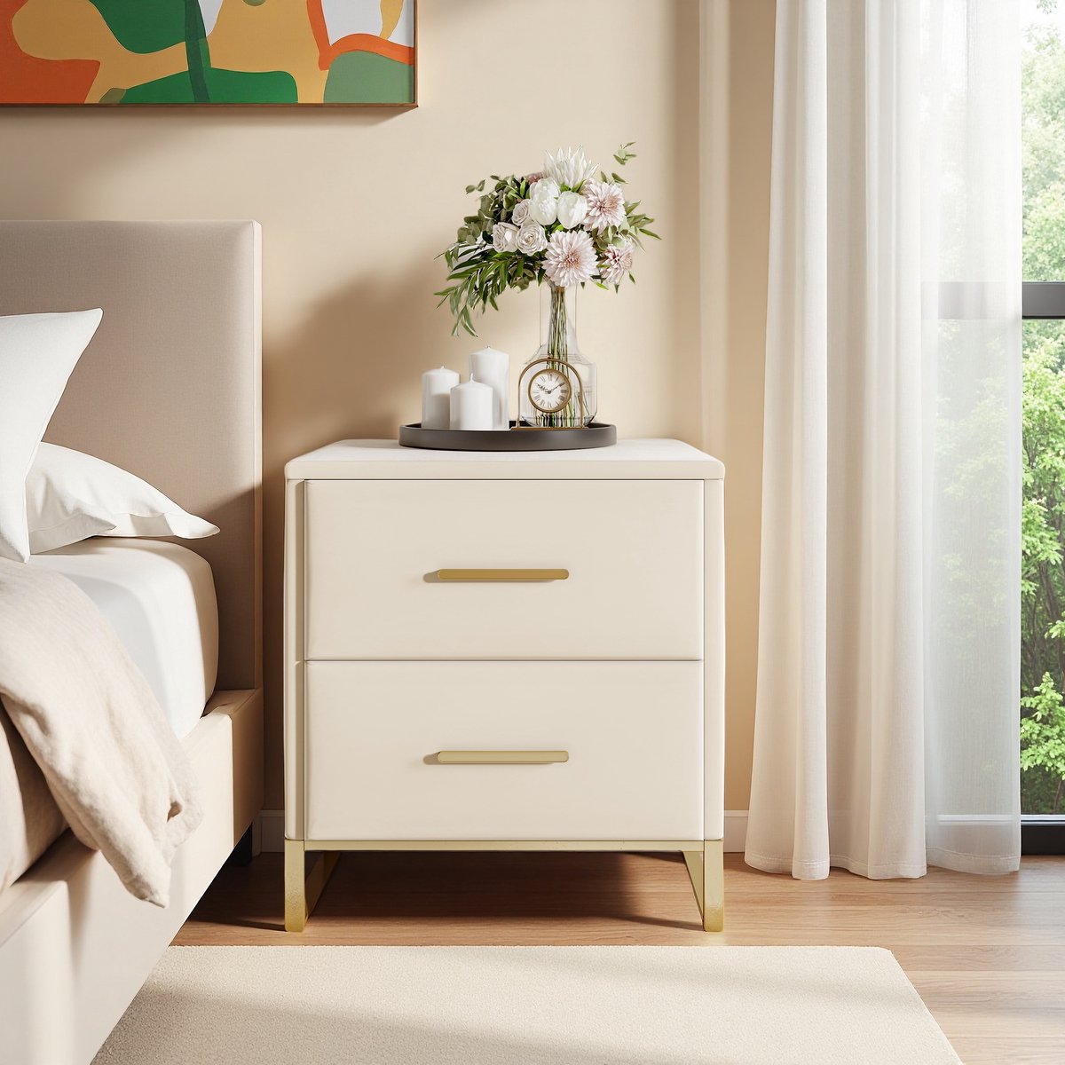 Nachtkastjes set van 2 - 2 lades - Gestoffeerde ladekast / nachtkastjes modern voor in de slaapkamer - Fluwelen stof - Beige - 40 x 40 x 50 cm