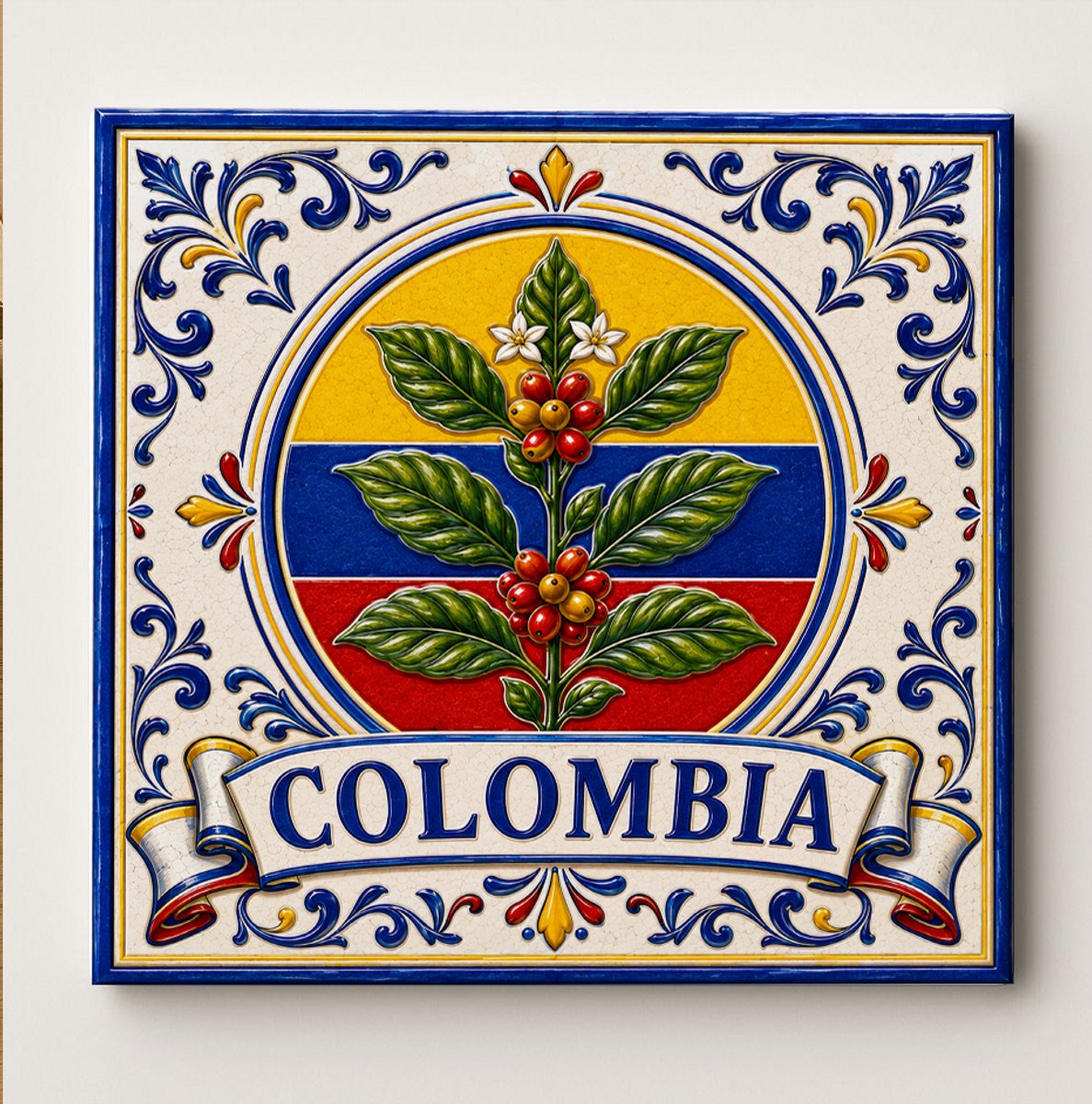 Colombia Decoratieve Keramische Tegel – Colombiaanse Koffieplant Wandtegel – Geel Blauw Ro