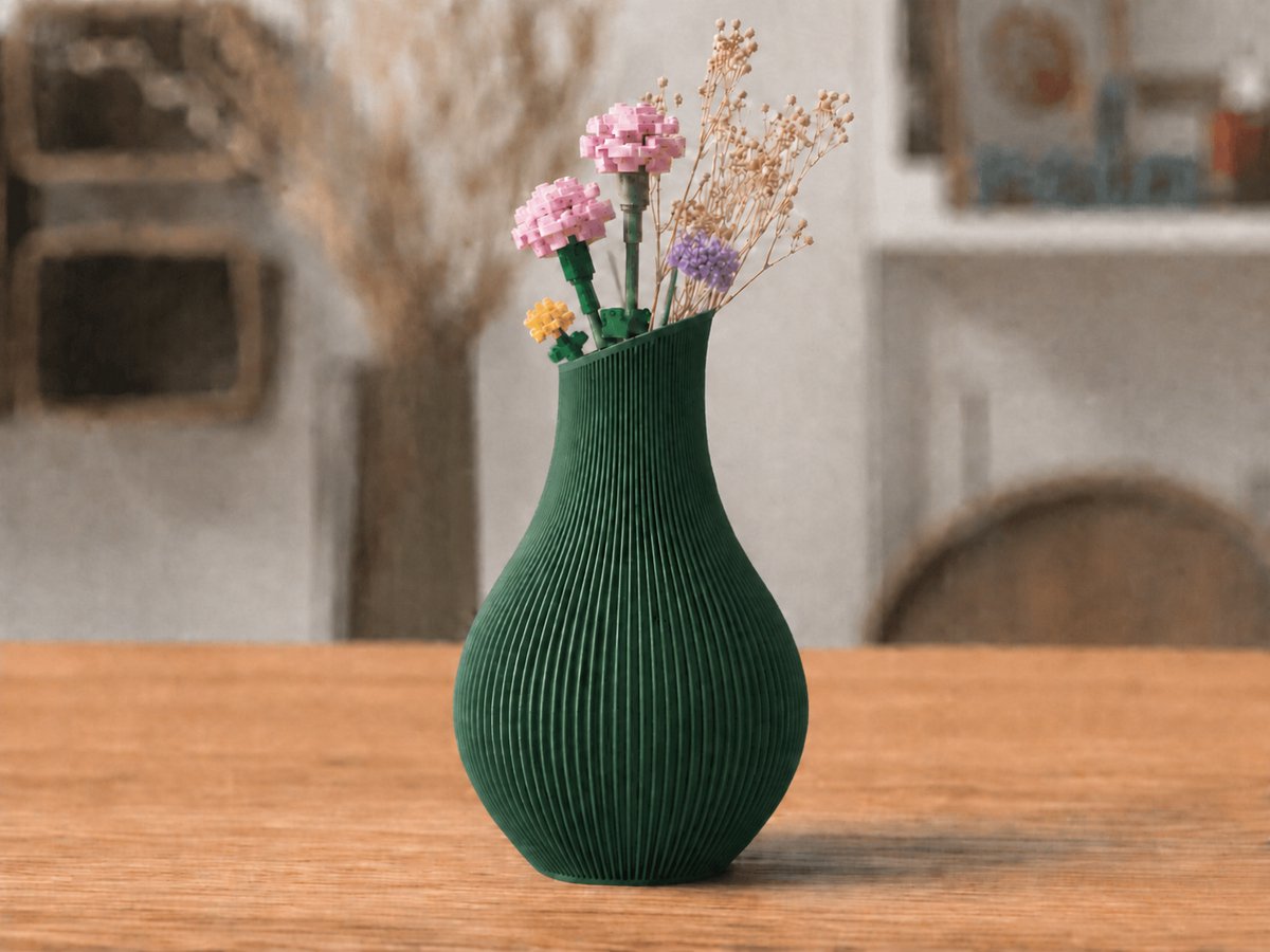 Moderne Organische Design Vaas – Decoratieve Bloemenvaas voor Droogbloemen & Botanical Bloemsets – Ribbel Design – Minimalistische Woondecoratie – Jagers Groen – 17,9 CM - Skushy