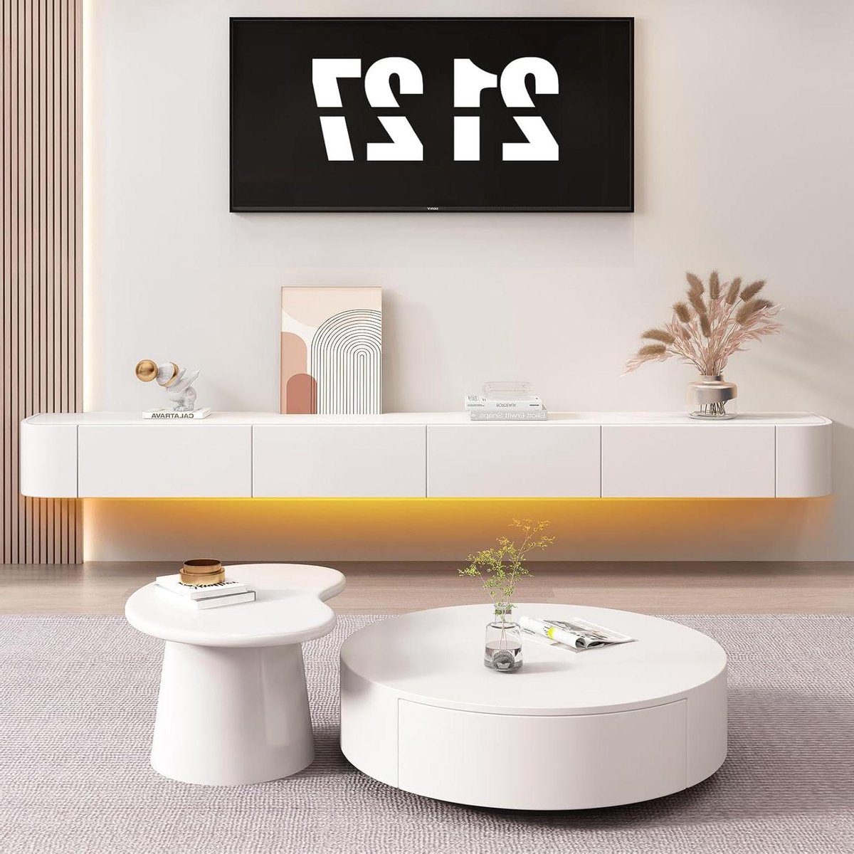 Zwevend tv-rek - Wandmeubel tv - Entertainment opbergen - Geïntegreerd ontwerp - 160 cm breed - Wit met LED