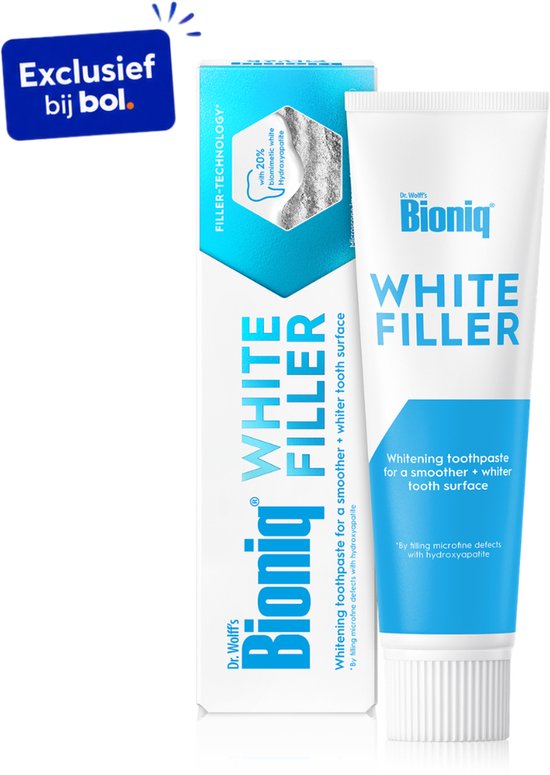 Bioniq White Filler tandpasta in witte tube en kartonnen verpakking met blauwe opdruk. "Exclusief bij bol."