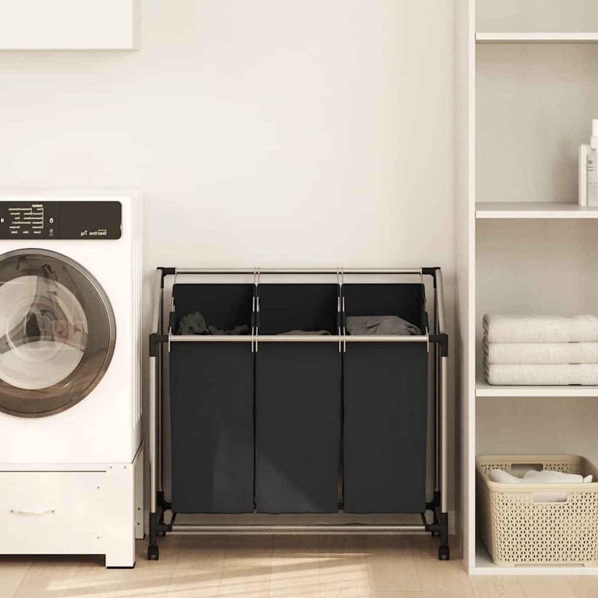 Wasmand met 3 vakken - Was organizer - Was sorteren - Met wielen - 96 x 40 cm - Zwart