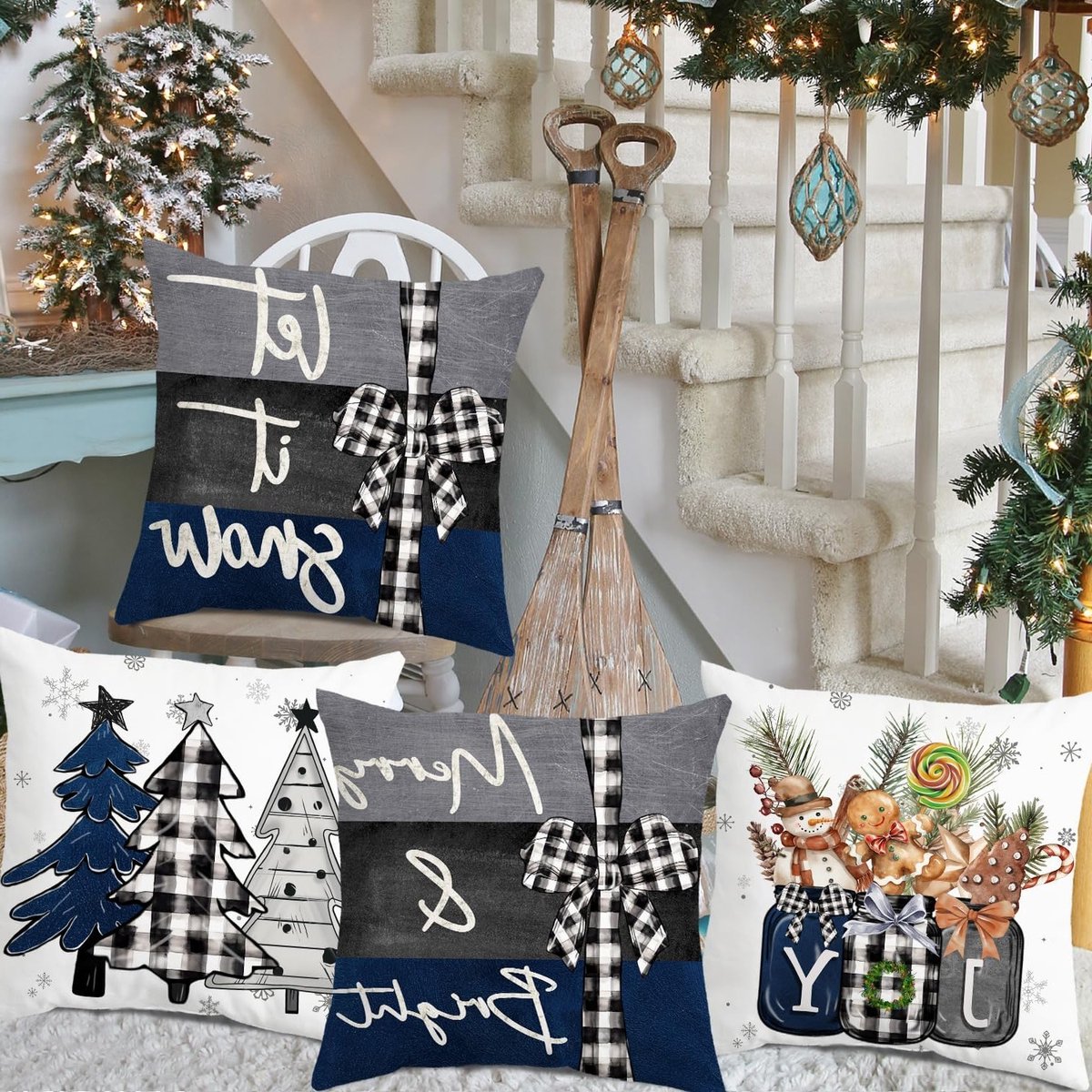 Decoratieve Kussenhoezen voor de Kerst - 55x55cm, Merry Christmas, Joy, Xmas Bomen in Blauw en Zwart - Set van 4 voor de Bank en Winterse Feestdagen