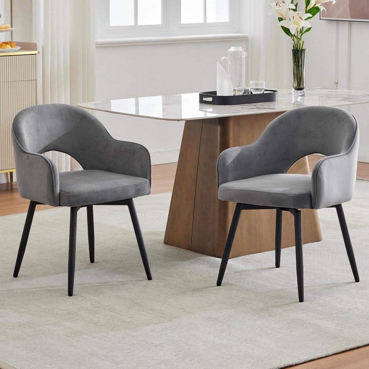 Luxe 360° Draaibare Velvet Eetkamerstoelen Set van 2 – Ergonomische Armstoel 53x58x78 cm Modern Design Grijs