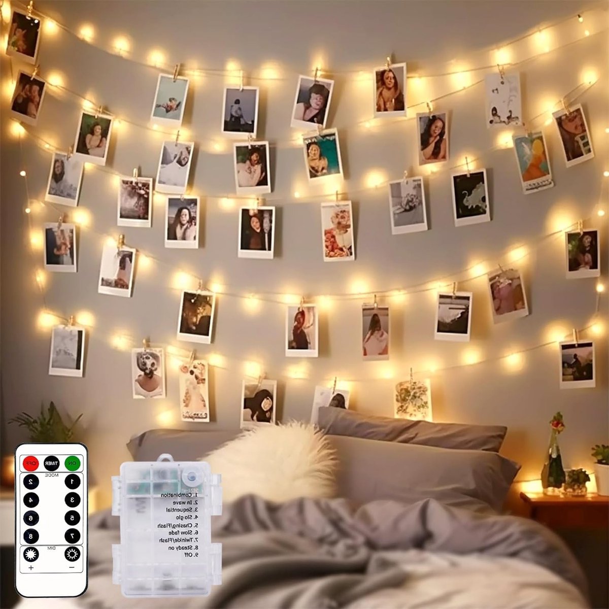 100 LED Fairy Lights 10 m met Afstandsbediening en Foto Clips - 8 Modi, Waterdicht, Timer, Batterij Aangedreven voor Sfeervolle Decoratie in Woonkamer en Tuin