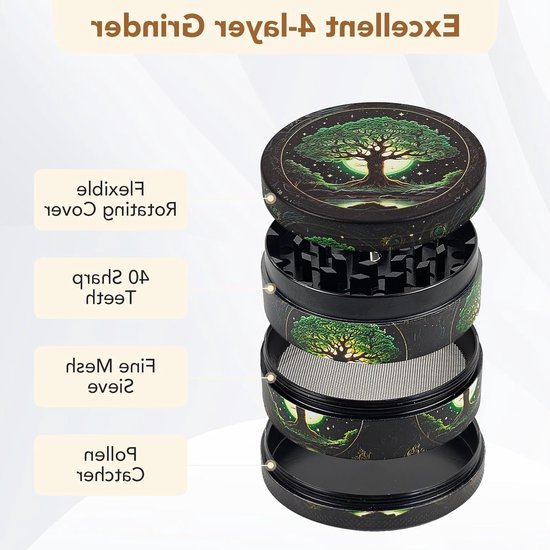 Grote 63 mm kruidenmolen, 4-delige metalen molen met pollenschraper en boomdesign voor specerijen en droge kruiden, ideaal voor keuken en koken — afbeelding 2