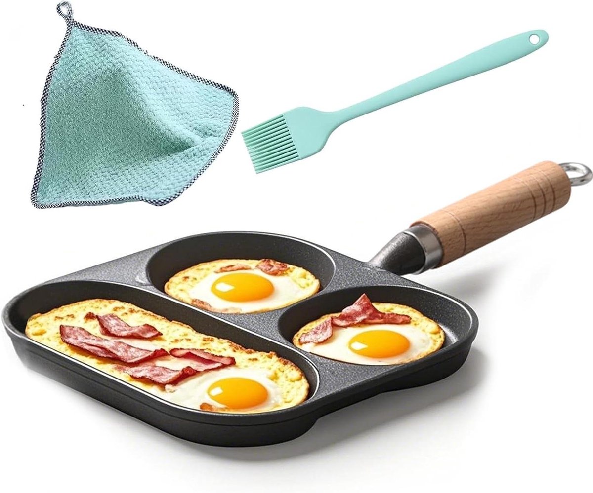 Gietijzeren Koekenpan - Omeletpan Ontbijtpan - Ontbijt Bereiden - Drie Compartimenten - 3 Cups - Zwart