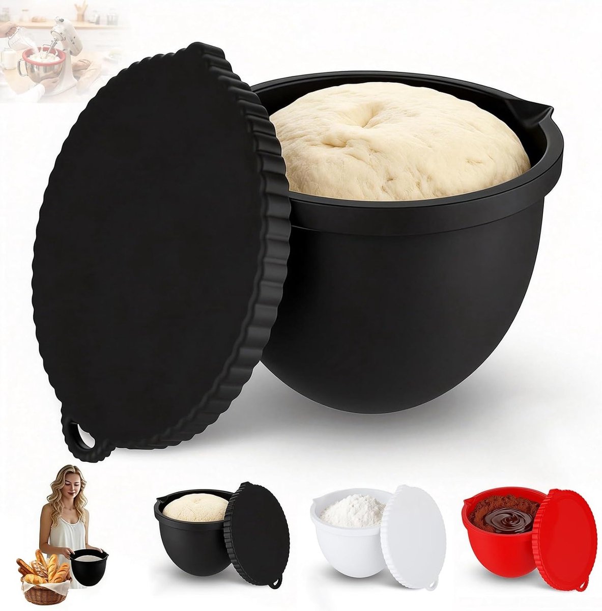 Siliconen komvoeringen set voor 5 liter mixer - Anti-instorting - Met deksels en meetmarkeringen - Geschikt voor Chef-serie - Bakken, bewaren en mixen - 3 stuks