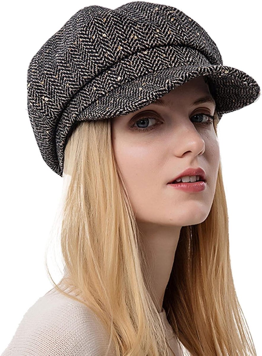 Octagon Hoed Dames - Baret Pet - Casual Mode - Met Glitter Sequins - One Size - Bruin