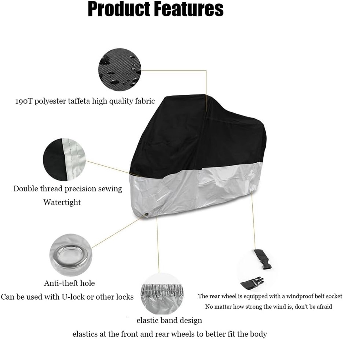 Motorhoes Waterdicht - Motorfiets Cover Beschermhoes - Motor Beschermen - Dubbel Gestikte Naden - Universeel - Zwart en Zilver – foto 2