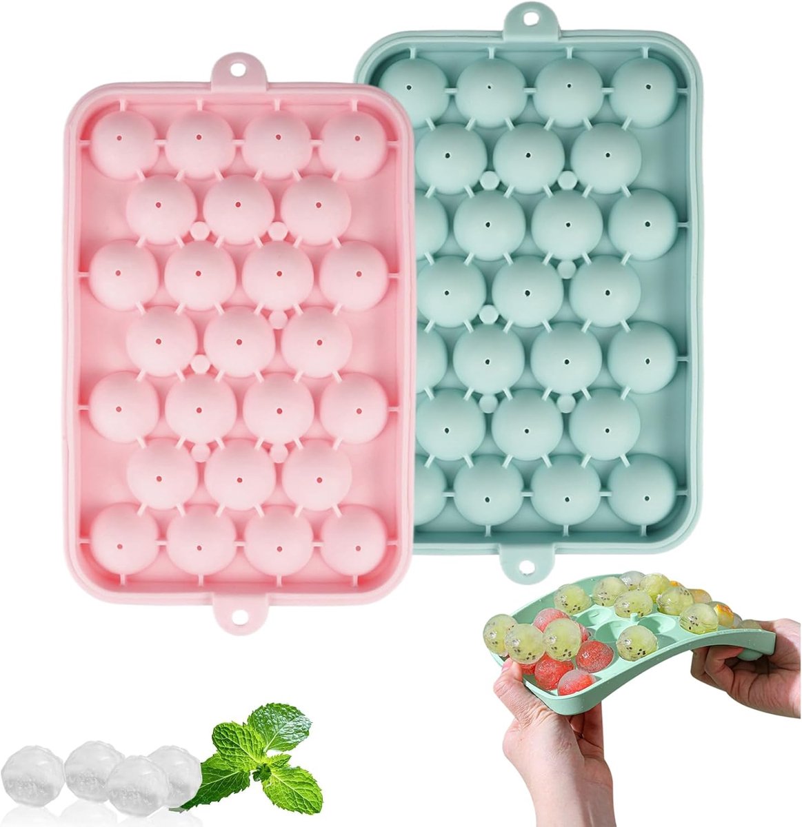 VHV-Siliconen Ijsblokjesvorm met Deksel - 2 Stuks Mini Ijsblokjesmaker voor 25 Ronde Ijsballen - Kleine Ijsblokjesvormen voor Cocktails, Sap, Koffie en Gelei - Stapelbaar en BPA-Vrij - Roze en Blauw