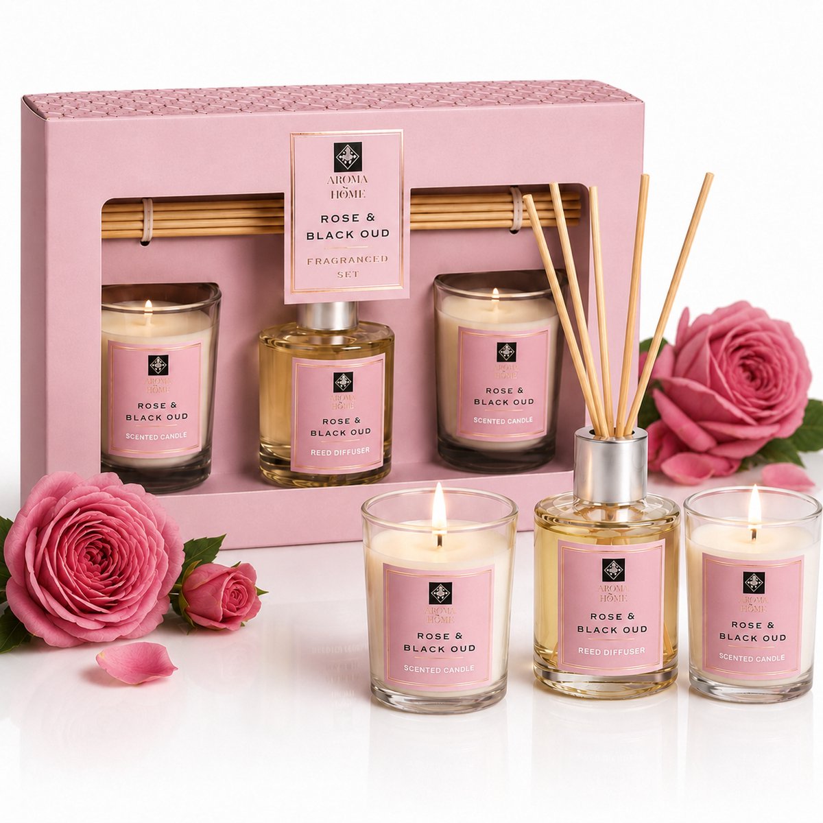 EasyMart Geurcadeauset Rose & Black Oud – 3-Delige Geurset met 2 Geurkaarsen & Reed Diffuser – Luxe Huisparfum met Geurstokjes – Wellness Cadeau Set – Home Spa & Woondecoratie – Cadeau voor Vrouwen